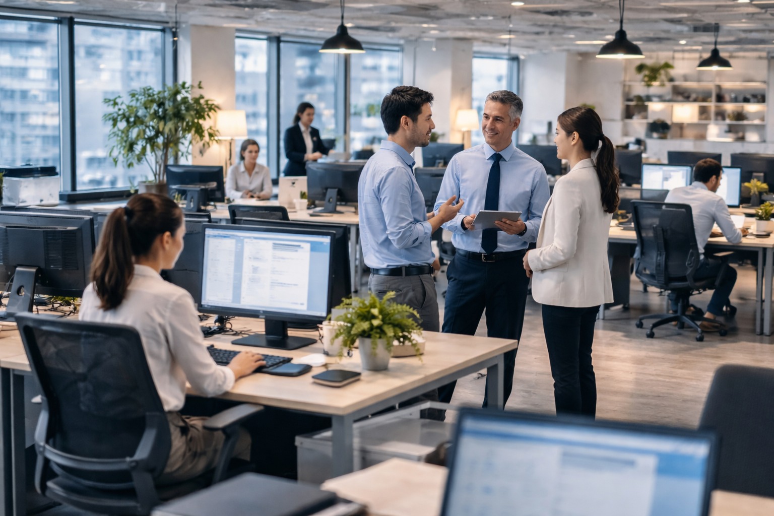 オフィスで男性2人と女性1人が会話している